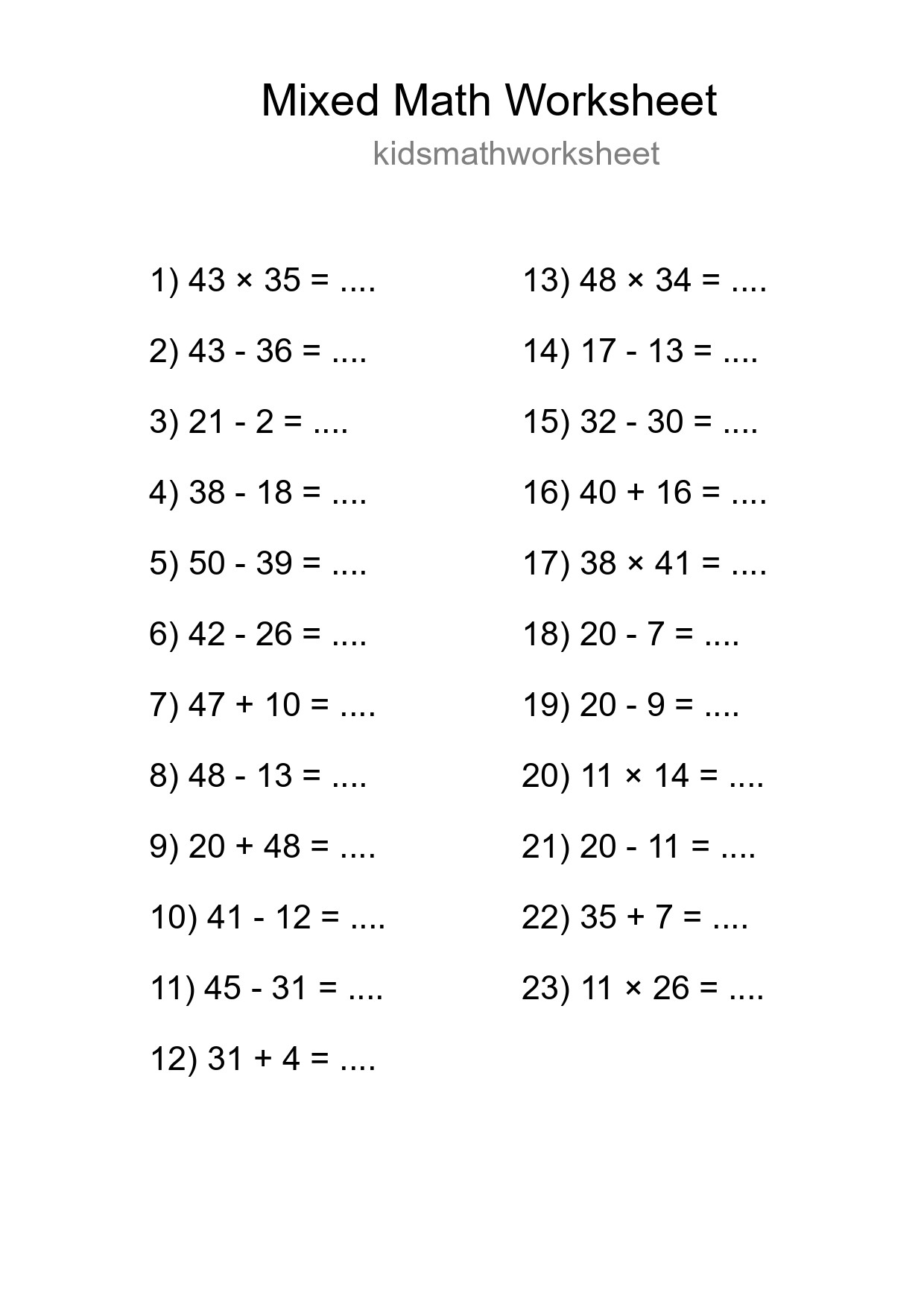 Mixed Operations Math Worksheet