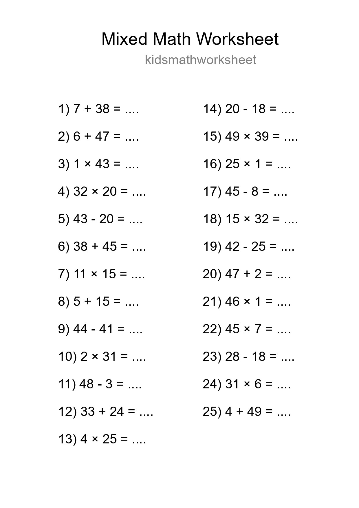 Mixed Operations Math Worksheet