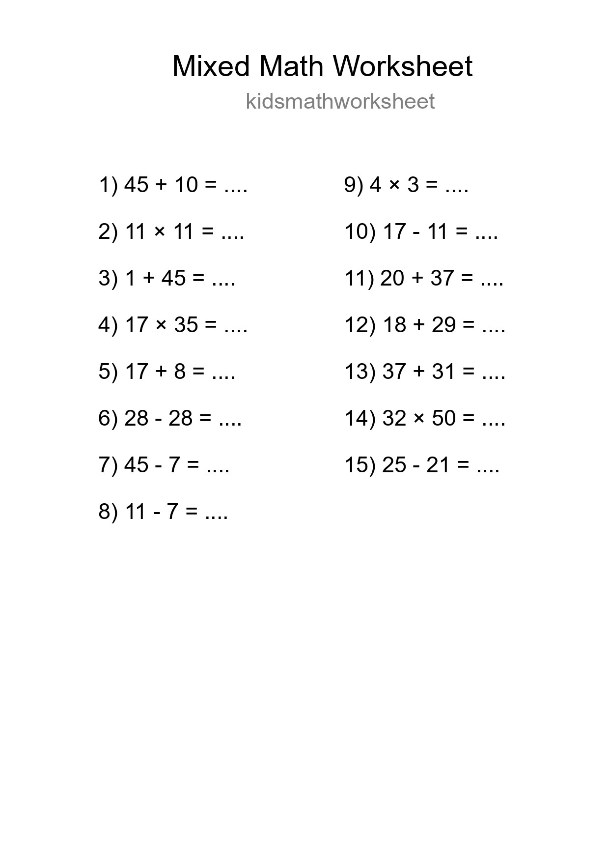 Mixed Operations Math Worksheet