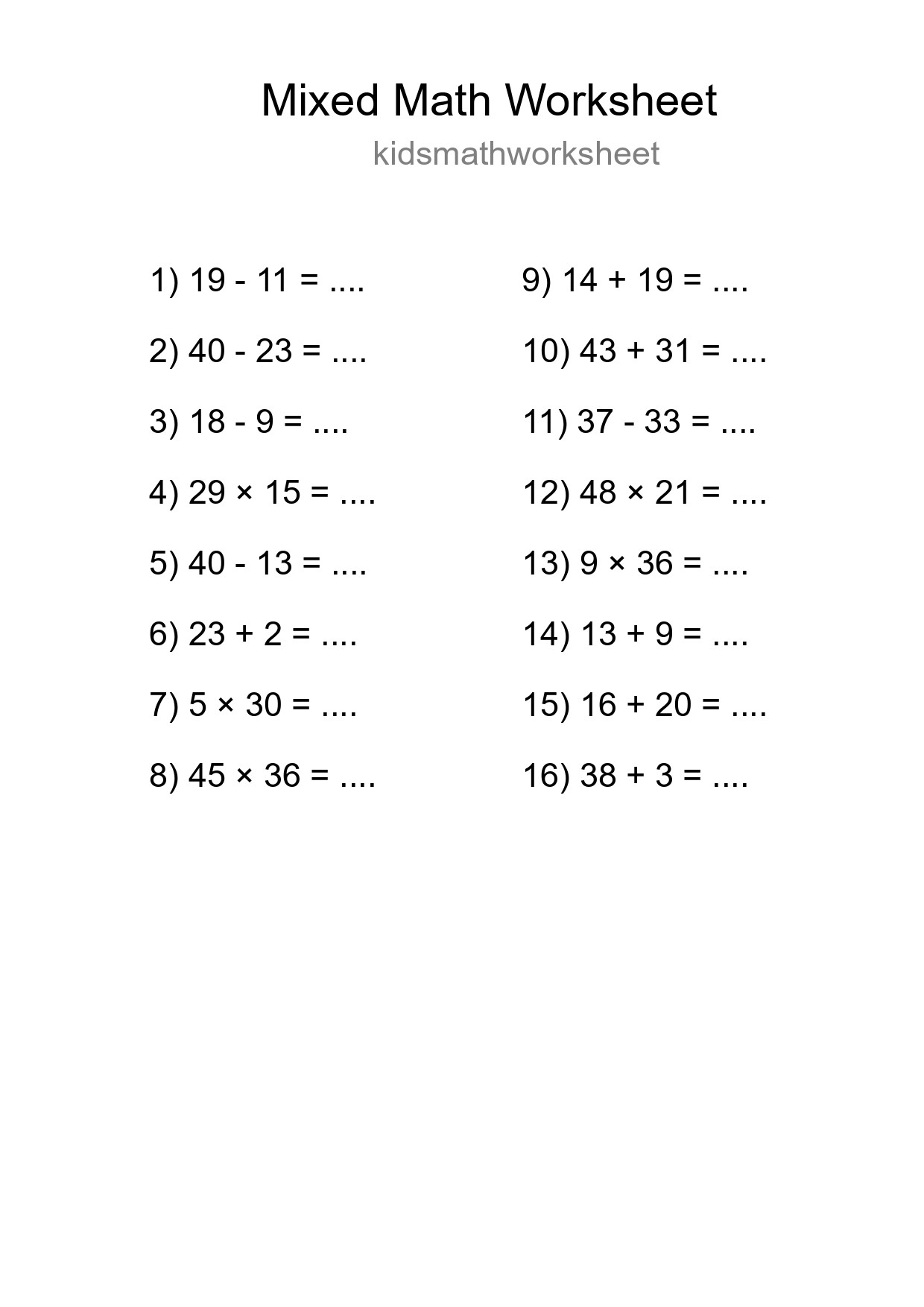 Mixed Operations Math Worksheet