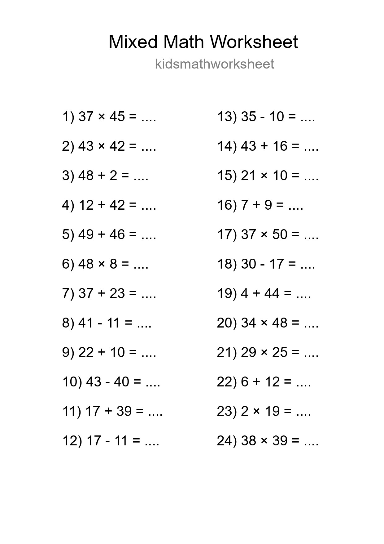 Mixed Operations Math Worksheet