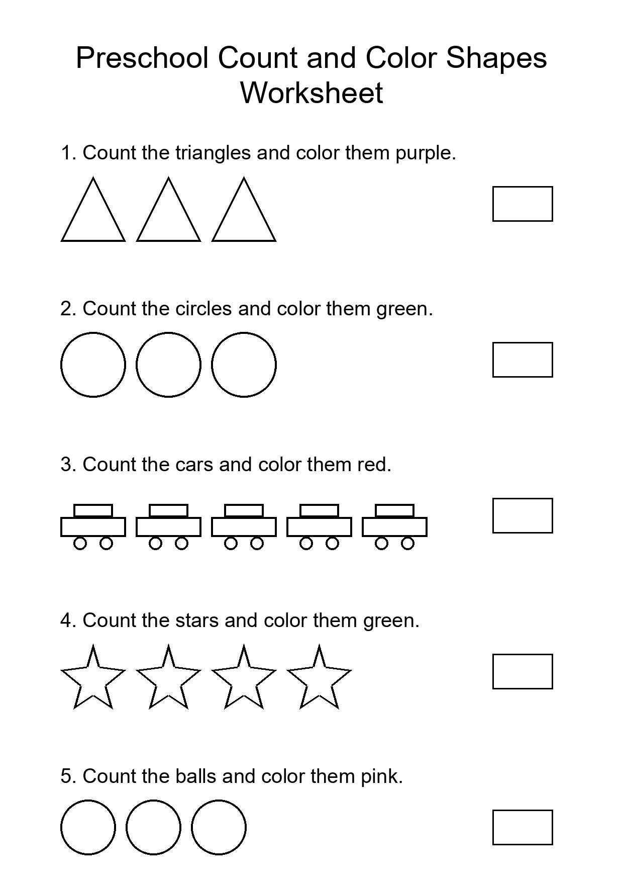 Preschool Count and Color Shapes Worksheet
