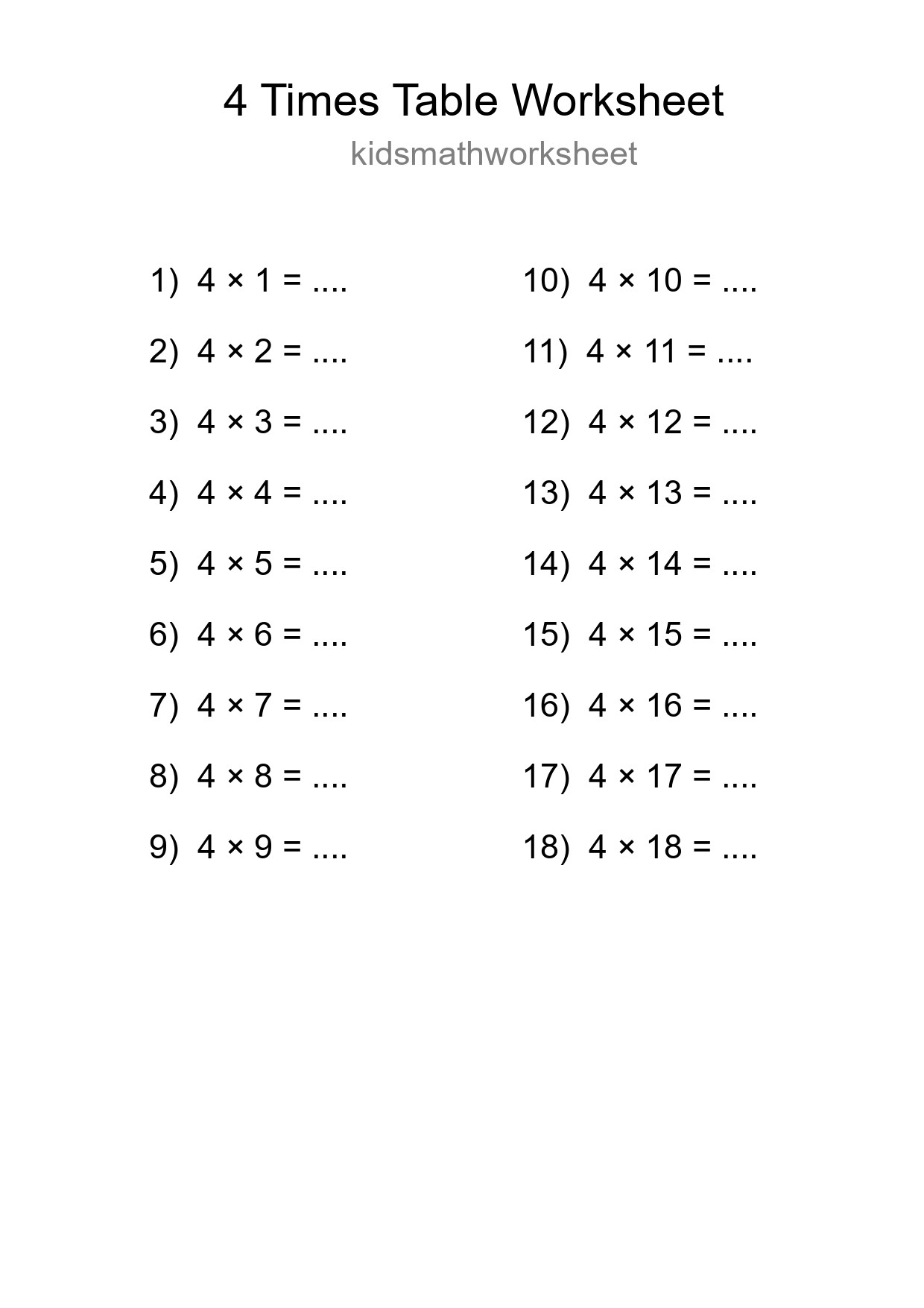 Printable 4 Times Table Worksheet For Grade 2 - Part 53