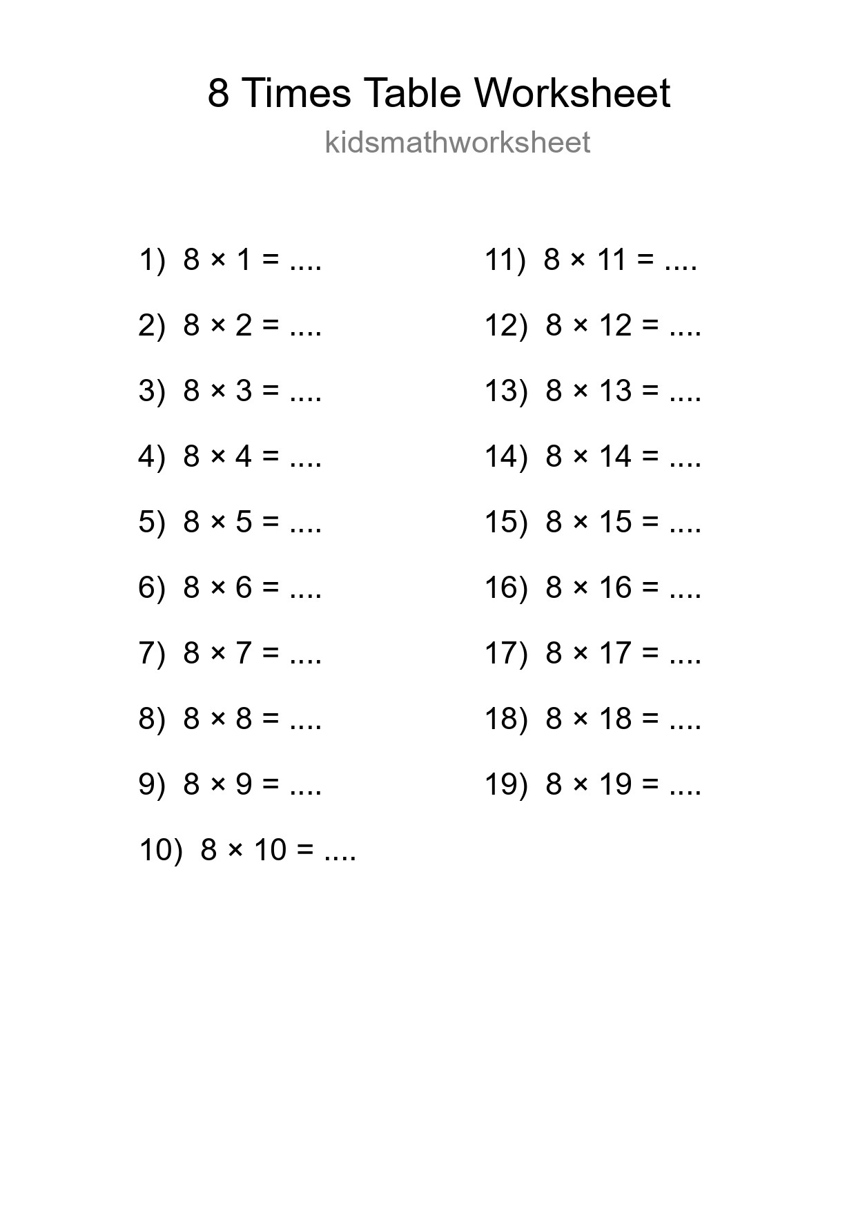 Printable 8 Times Table Worksheet For Grade 3 - Part 229