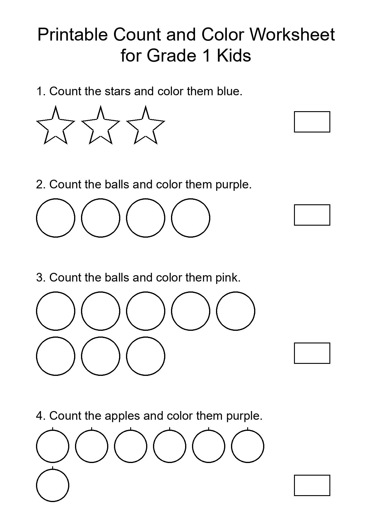 Printable Count and Color Worksheet for Grade 1 Kids