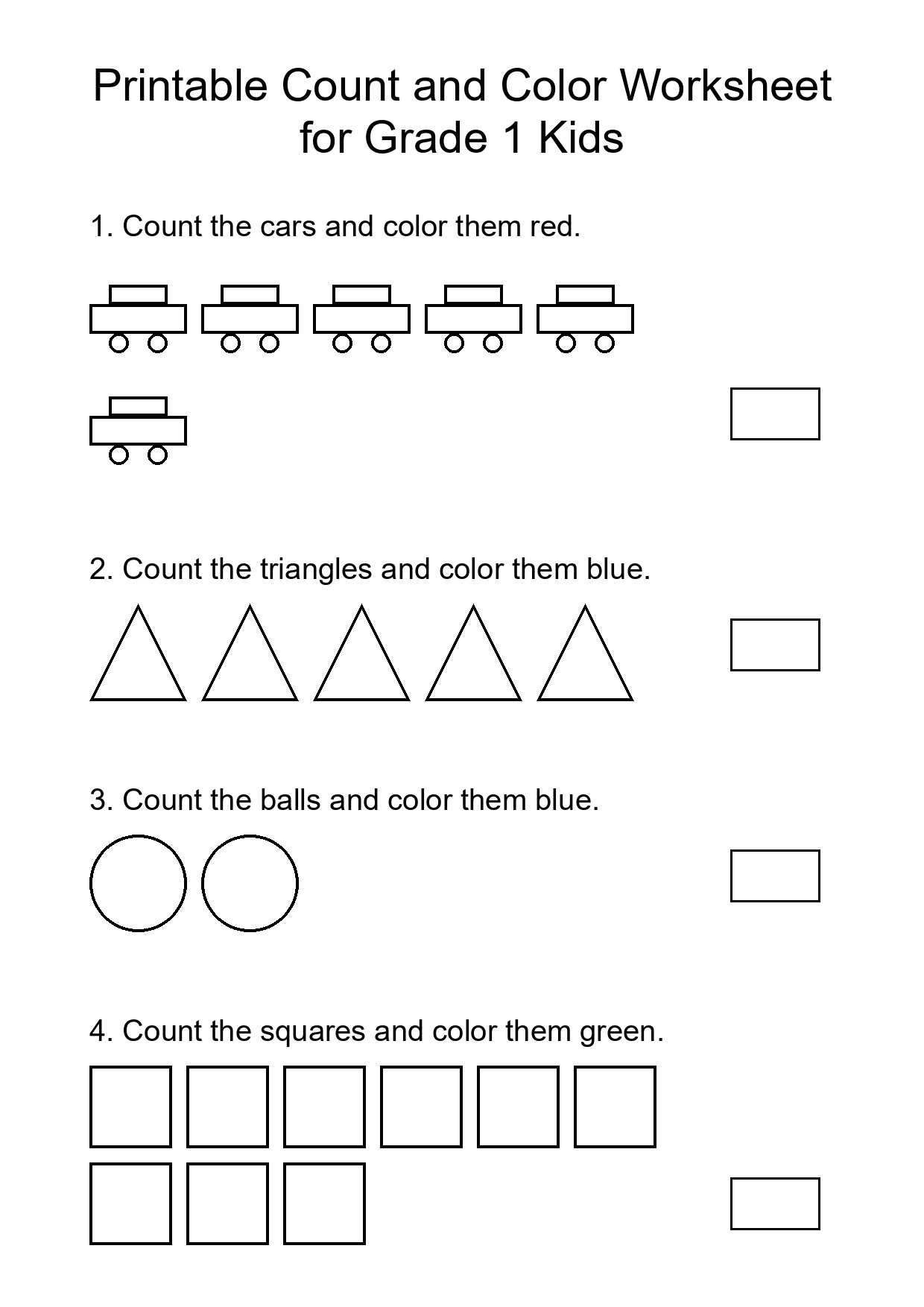 Printable Count and Color Worksheet for Grade 1 Kids