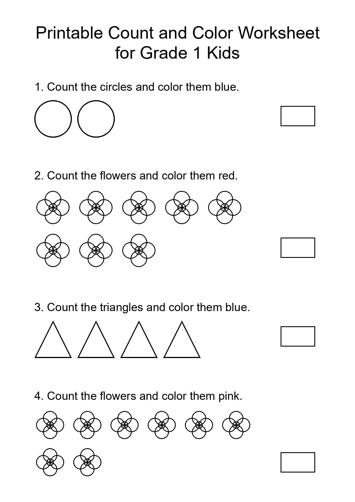 Printable Count and Color Worksheet for Grade 1 Kids