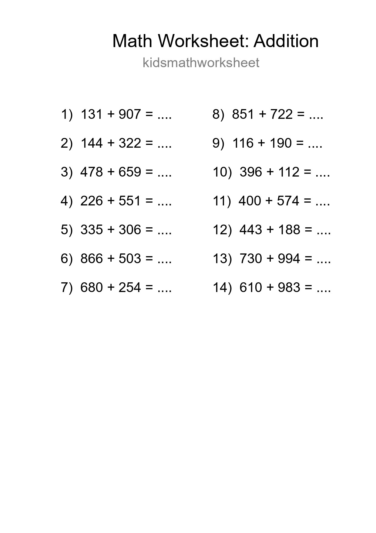 Printable Free 14 Addition Math Worksheet For Grade 5 - Part 111
