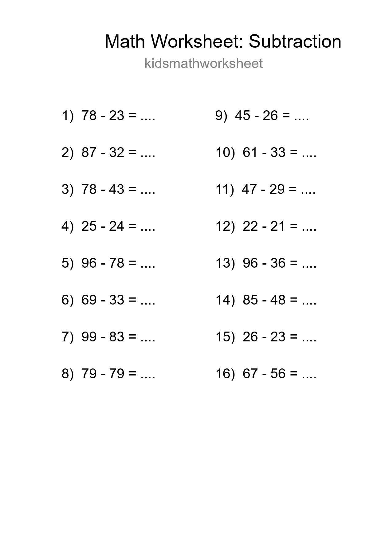 Printable Free 16 Subtraction Math Worksheet For Grade 3 - Part 206