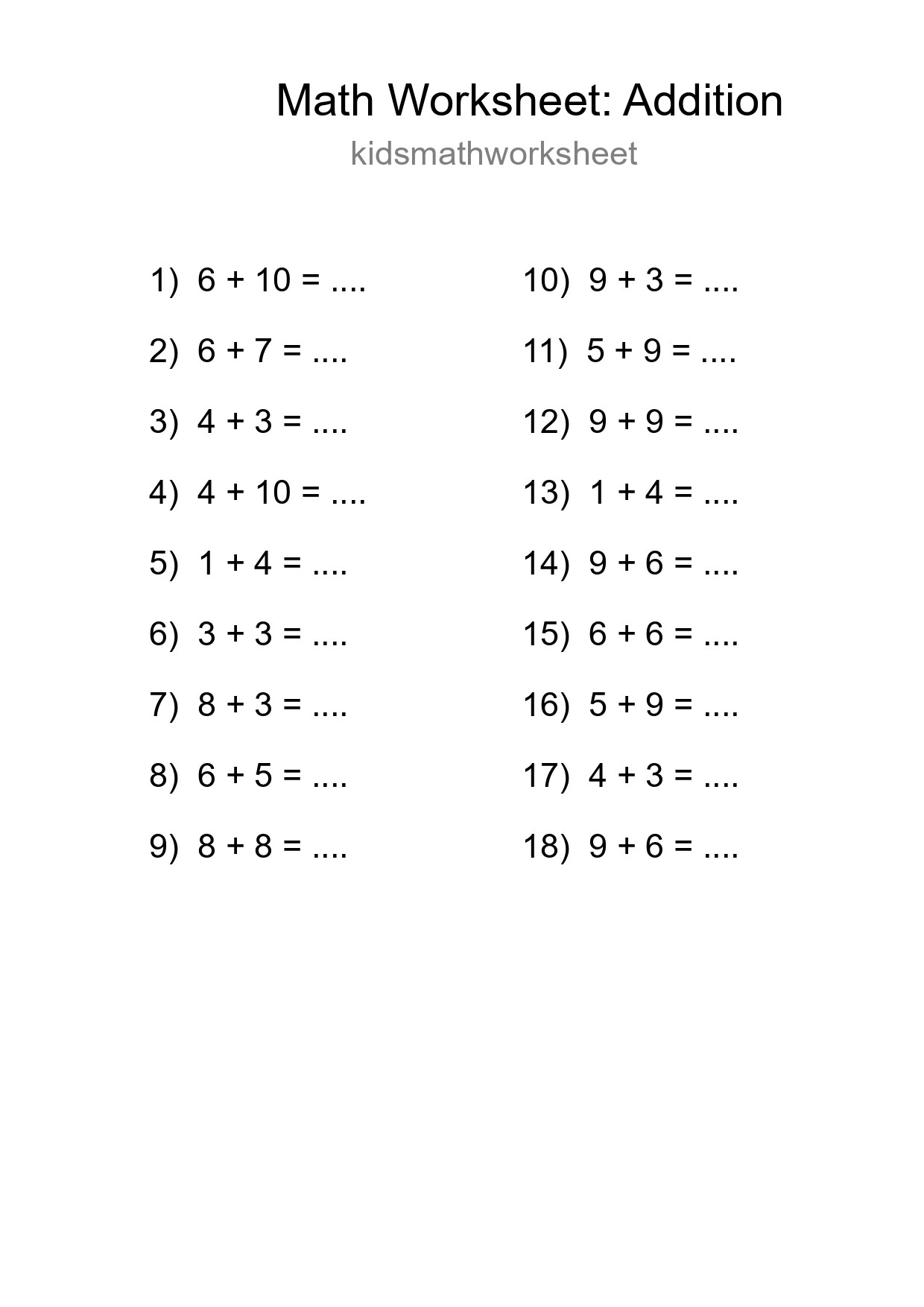 Printable Free 18 Addition Math Worksheet For Grade 1 - Part 166