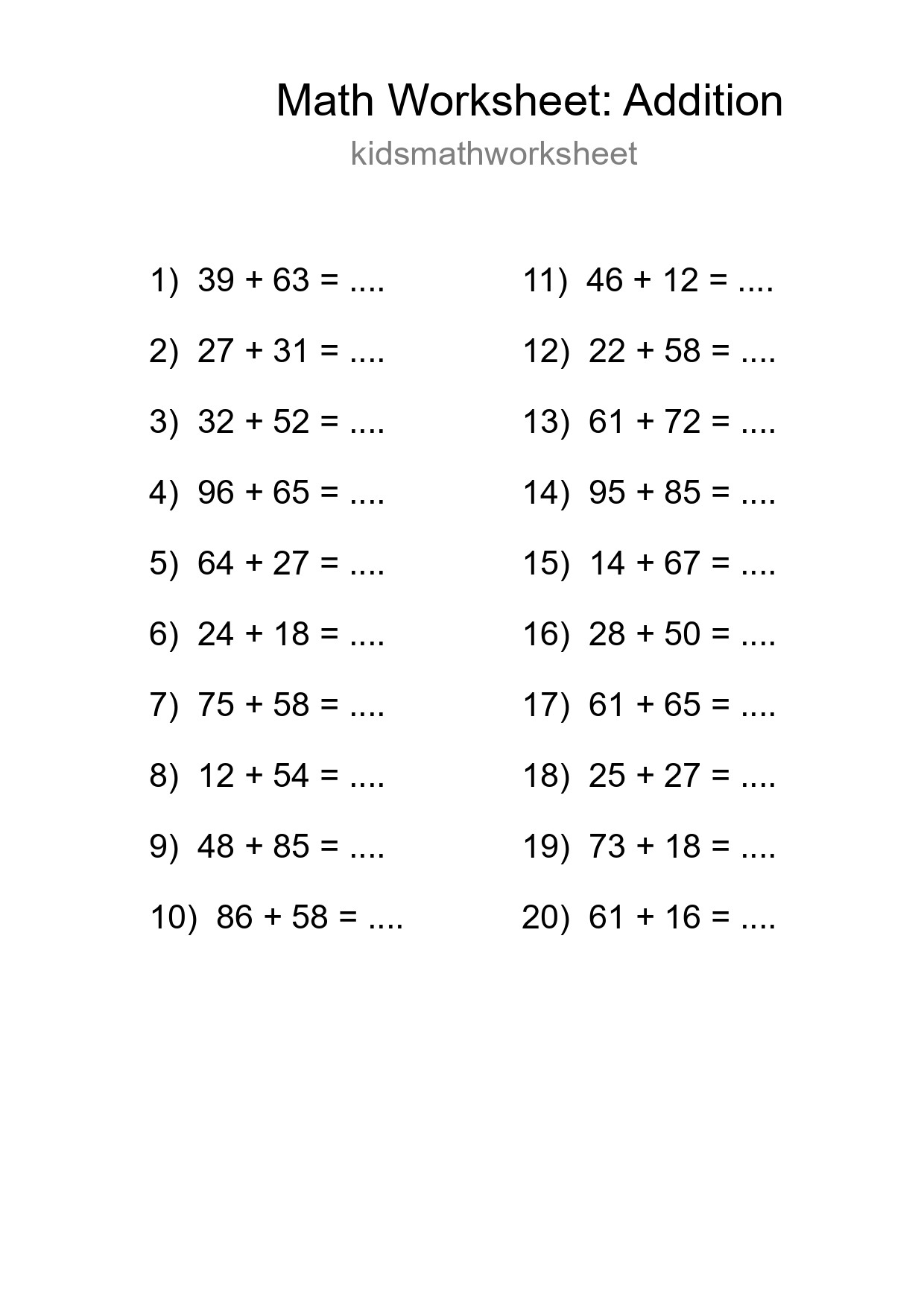 Printable Free 20 Addition Math Worksheet For Grade 3 - Part 177
