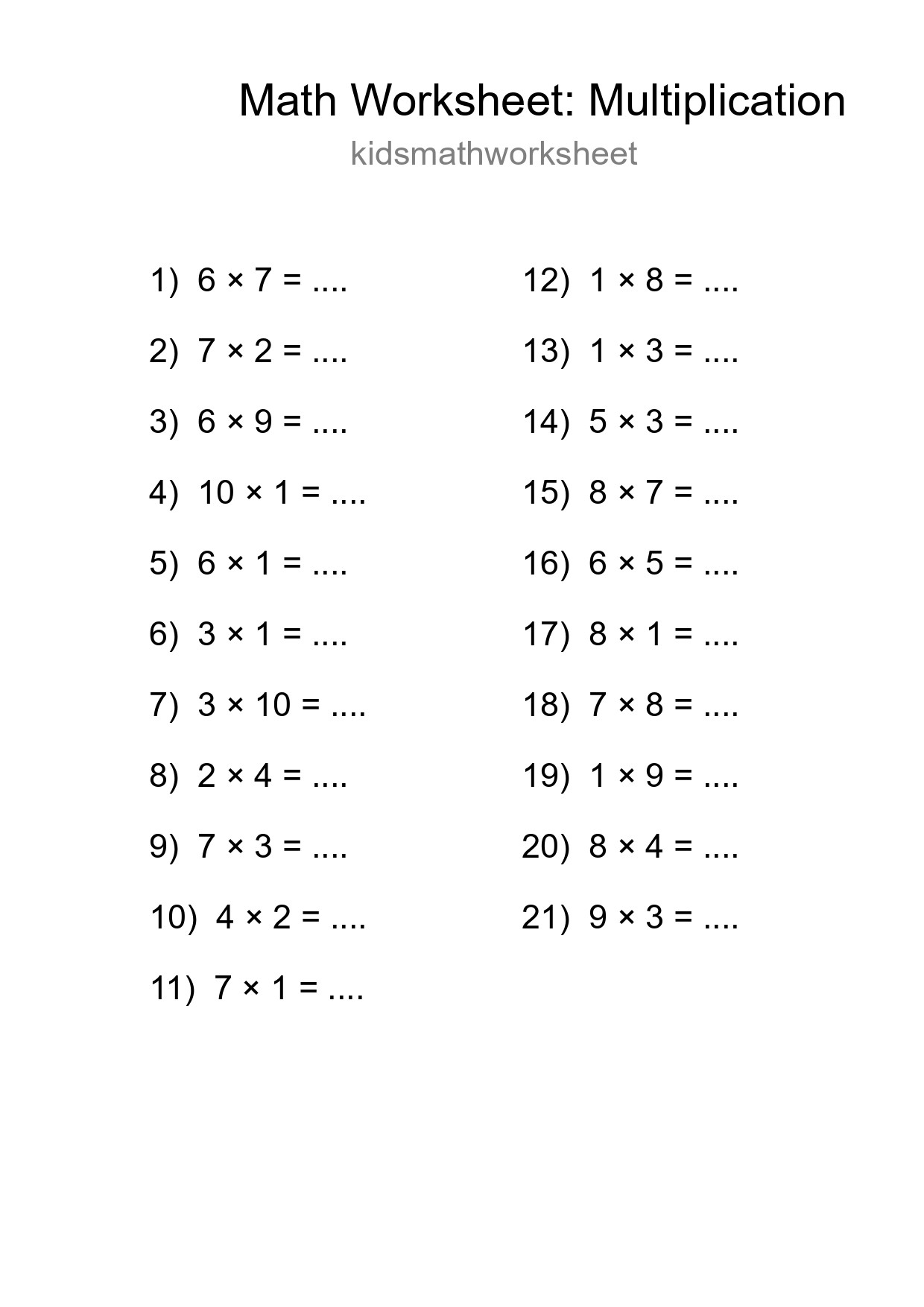 Printable Free 21 Multiplication Math Worksheet For Grade 1 - Part 293