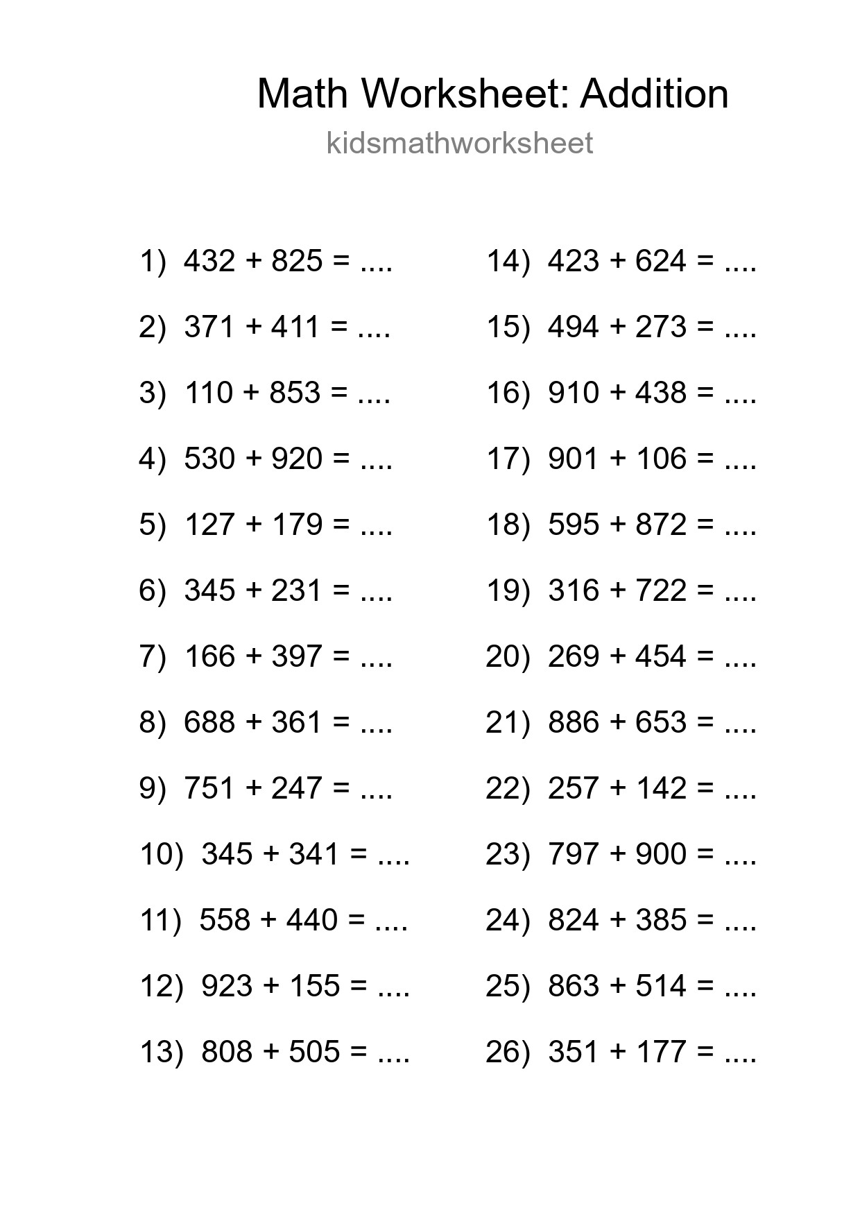 Printable Free 26 Addition Math Worksheet For Grade 5 - Part 243
