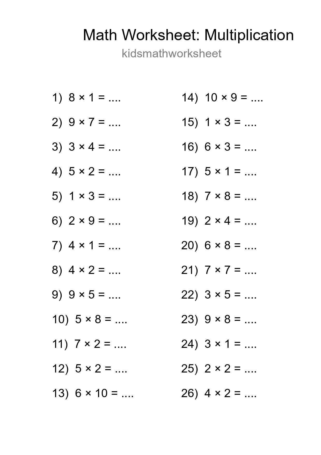 Printable Free 26 Multiplication Math Worksheet For Grade 1 - Part 40