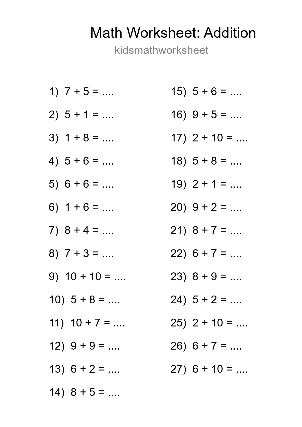 Printable Free 27 Addition Math Worksheet For Grade 1 - Part 67