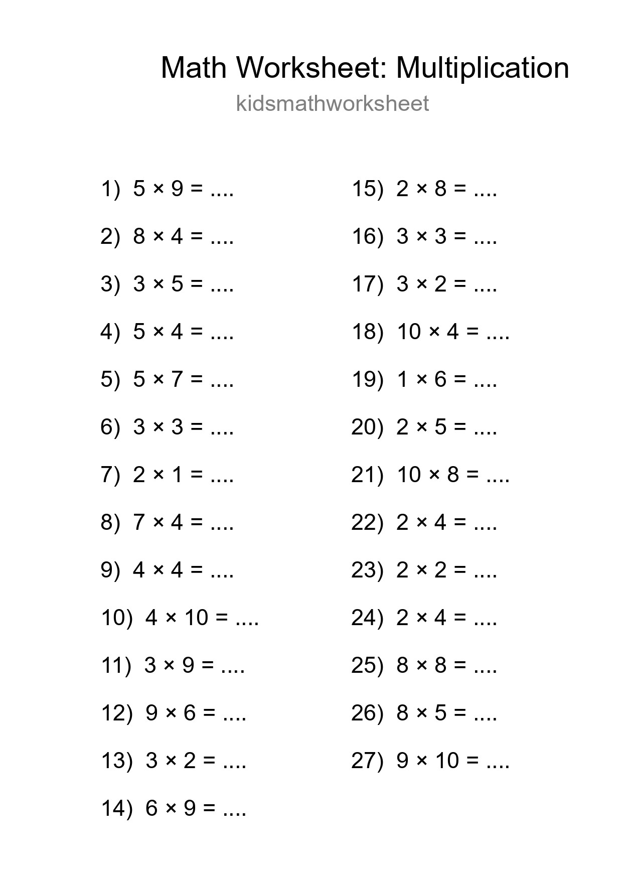 Printable Free 27 Multiplication Math Worksheet For Grade 1 - Part 249