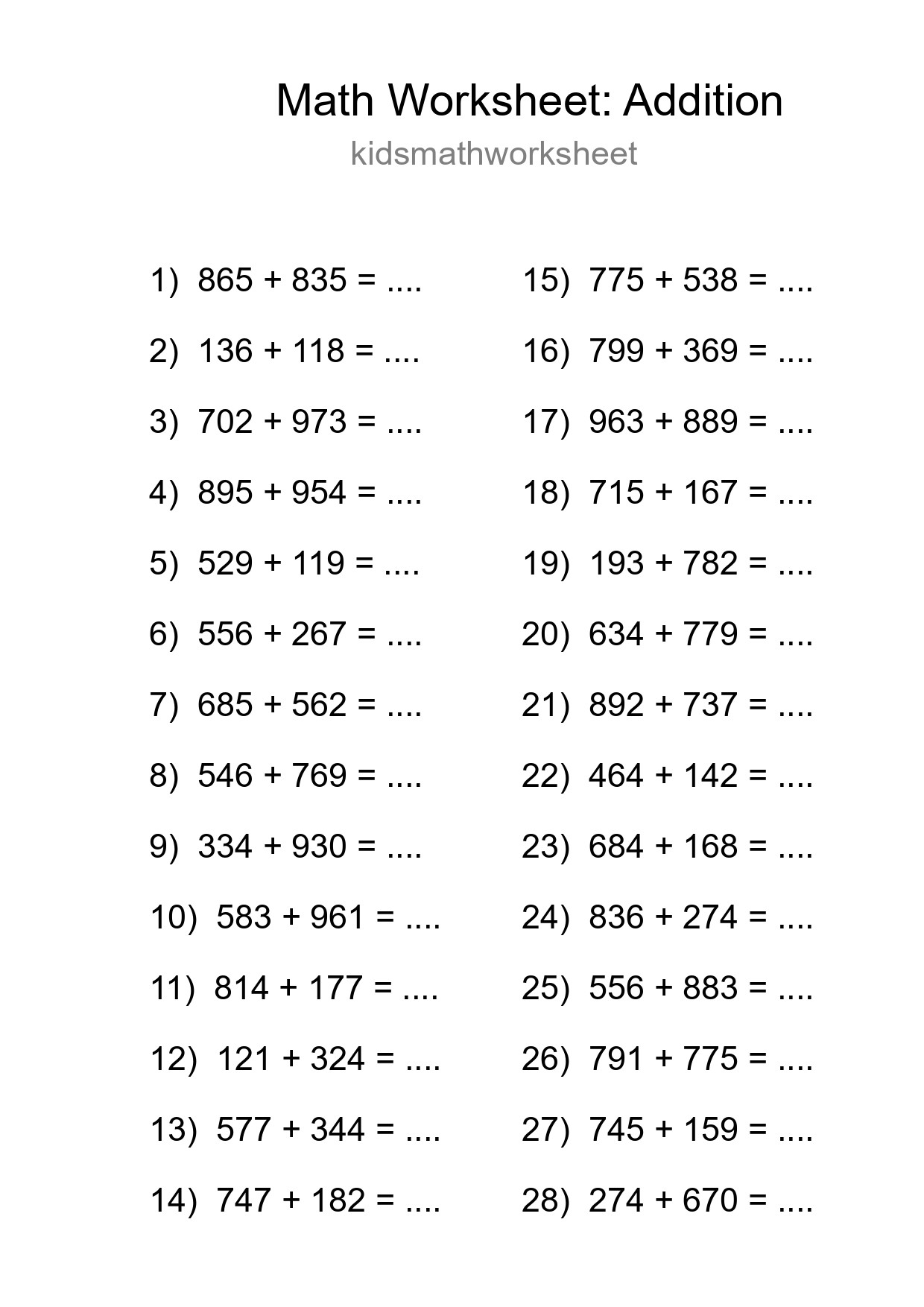 Printable Free 28 Addition Math Worksheet For Grade 5 - Part 100