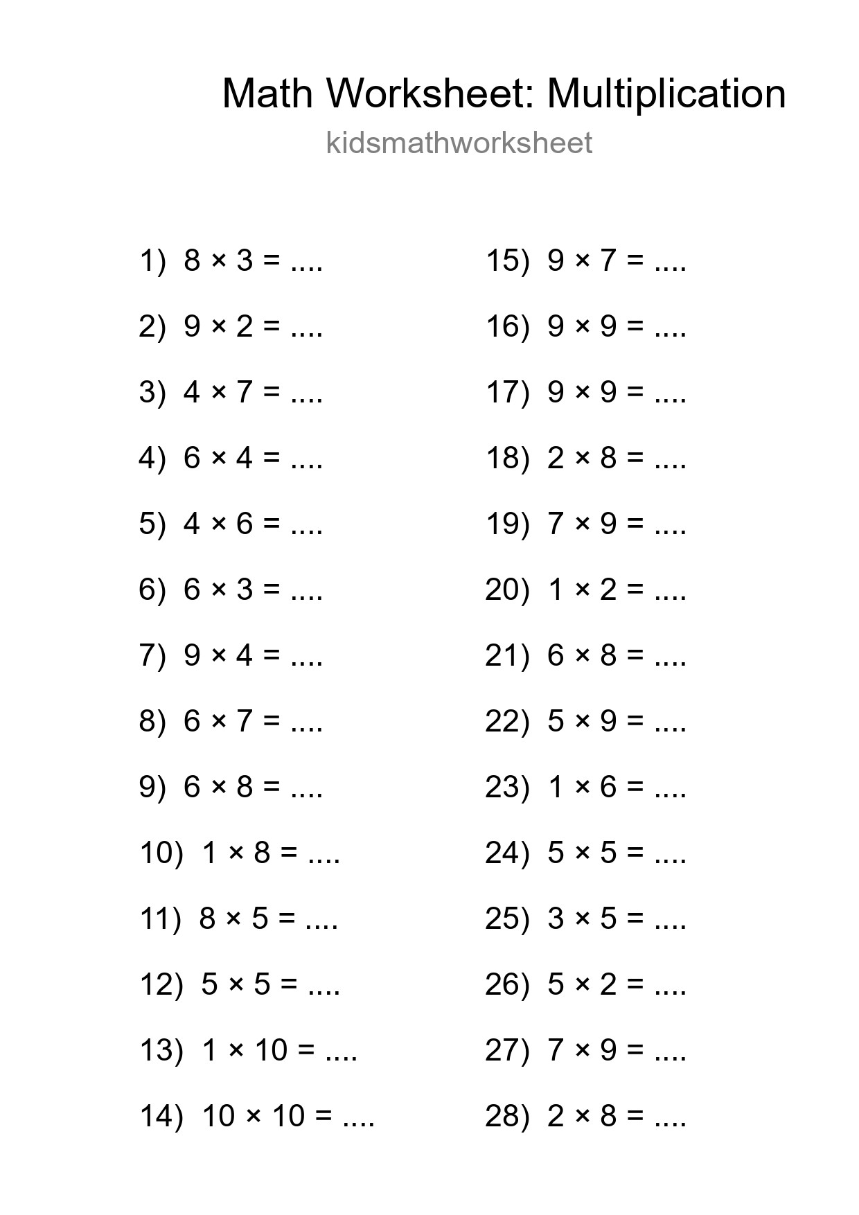 Printable Free 28 Multiplication Math Worksheet For Grade 1 - Part 139