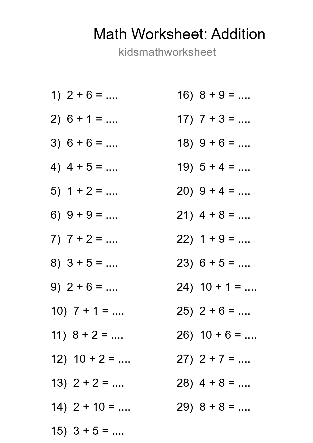 Printable Free 29 Addition Math Worksheet For Grade 1 - Part 254